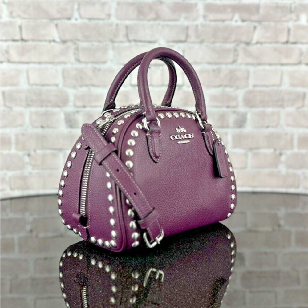 COACH SYDNEY LEATHER RIVETS SATCHEL CROSSBODY SHOULDER BAG PURSE $398 Deep Berry